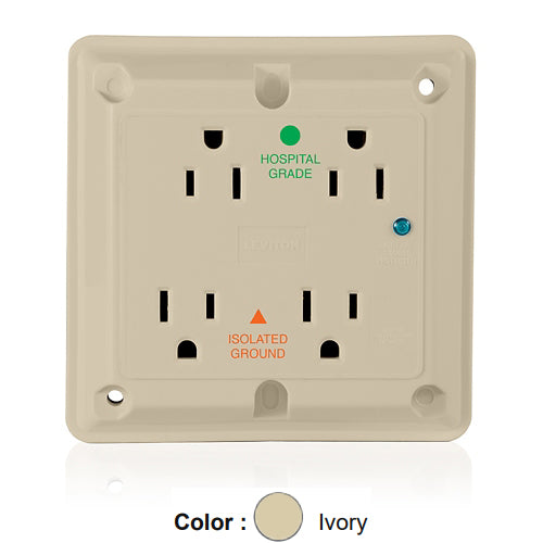 Leviton 8480-IGI, 4-in-1 Surge Protective Isolated Ground Quadruplex Receptacle, Heavy-Duty Hospital Grade, Indicator Light, 15A 125V, NEMA 5-15R, 2-Pole, 3-Wire, Side Wire Only, Ivory