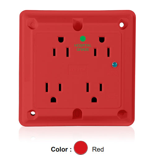 Leviton 8480-R, 4-in-1 Surge Protective Quadruplex Receptacle, Heavy-Duty Hospital Grade, Indicator Light, 15A 125V, NEMA 5-15R, 2-Pole, 3-Wire, Side Wire Only, Red