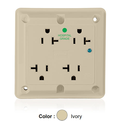 Leviton 8490-I, 4-in-1 Surge Protective Quadruplex Receptacle, Heavy-Duty Hospital Grade, Indicator Light, 20A 125V, NEMA 5-20R, 2-Pole, 3-Wire, Side Wire Only, Ivory