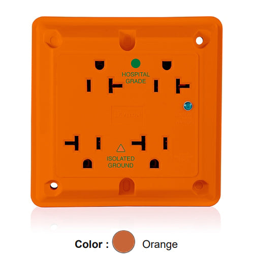Leviton 8490-IG, 4-in-1 Surge Protective Isolated Ground Quadruplex Receptacle, Heavy-Duty Hospital Grade, Indicator Light, 20A 125V, NEMA 5-20R, 2-Pole, 3-Wire, Side Wire Only, Orange