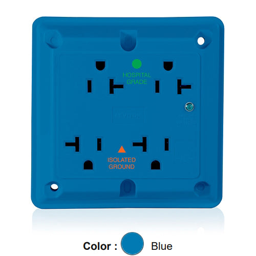 Leviton 8490-IGB, 4-in-1 Surge Protective Isolated Ground Quadruplex Receptacle, Heavy-Duty Hospital Grade, Indicator Light, 20A 125V, NEMA 5-20R, 2-Pole, 3-Wire, Side Wire Only, Blue