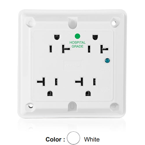Leviton 8490-W, 4-in-1 Surge Protective Quadruplex Receptacle, Heavy-Duty Hospital Grade, Indicator Light, 20A 125V, NEMA 5-20R, 2-Pole, 3-Wire, Side Wire Only, White