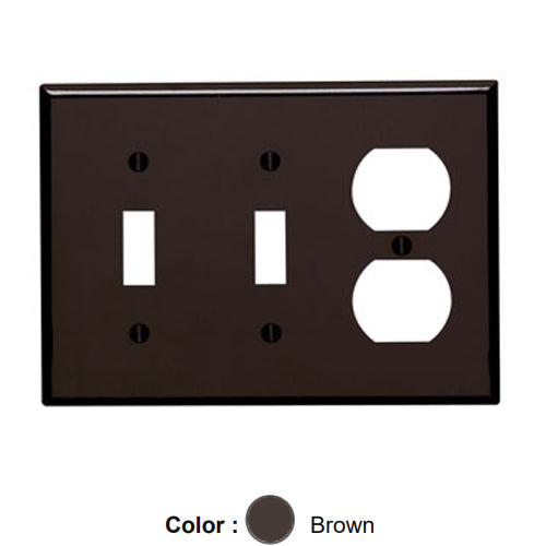 Leviton 85021, 3-Gang 2-Toggle 1-Duplex Device Combination Wallplate, Standard Size, Thermoset, Device Mount, Brown