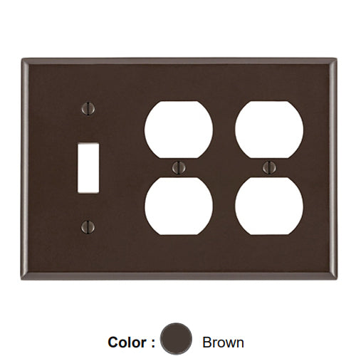 Leviton 85047, 3-Gang 1-Toggle 2-Duplex Device Combination Wallplate, Standard Size, Thermoset, Device Mount, Brown
