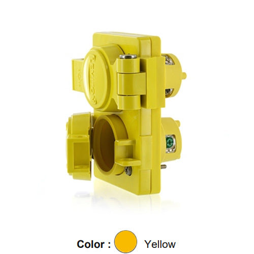 Leviton 87W07-D, Wetguard Watertight Locking Duplex Outlet, Industrial Grade, 20A 250V, NEMA L2-20R, 2-Pole, 2-Wire, Non-Grounding, Yellow