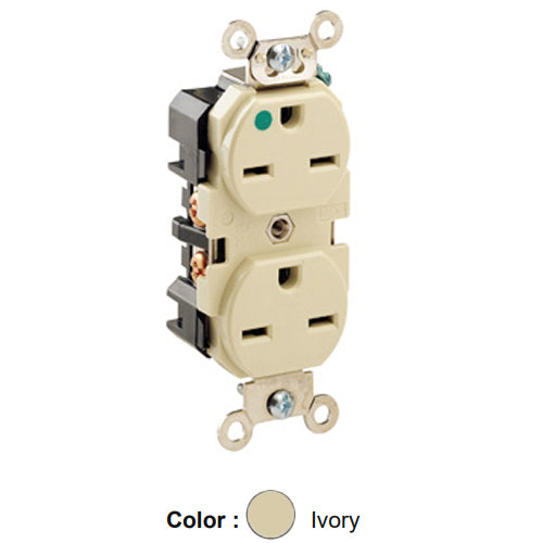 Leviton 8600-I, Standard Straight Blade Duplex Receptacle, Extra Heavy-Duty Hospital Grade, Smooth Face, 15A 250V, NEMA 6-15R, 2-Pole, 3-Wire, Back and Side Wire, Ivory