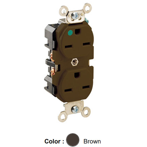 Leviton 8600, Standard Straight Blade Duplex Receptacle, Extra Heavy-Duty Hospital Grade, Smooth Face, 15A 250V, NEMA 6-15R, 2-Pole, 3-Wire, Back and Side Wire, Brown