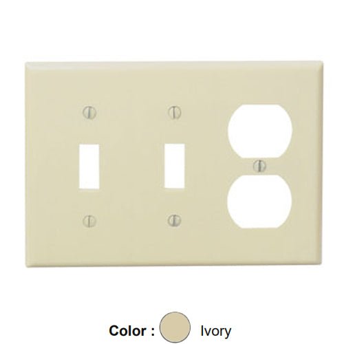 Leviton 86021, 3-Gang 2-Toggle 1-Duplex Device Combination Wallplate, Standard Size, Thermoset, Device Mount, Ivory