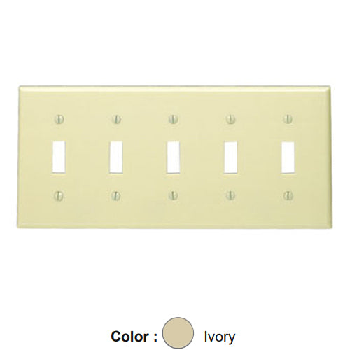 Leviton 86023, 5-Gang Toggle Device Switch Wallplate, Standard Size, Thermoset, Device Mount, Ivory