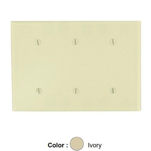 Leviton 86035, 3-Gang No Device Blank Wallplate, Standard Size, Thermoset, Strap Mount, Ivory