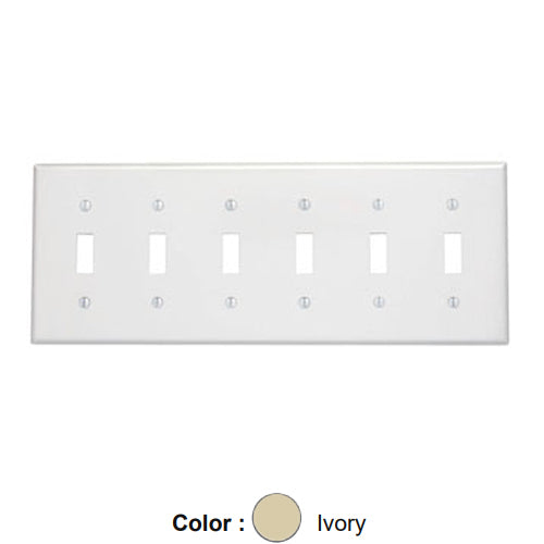 Leviton 86036, 6-Gang Toggle Device Switch Wallplate, Standard Size, Thermoset, Device Mount, Ivory