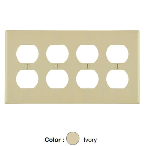 Leviton 86041, 4-Gang Duplex Device Receptacle Wallplate, Standard Size, Thermoset, Device Mount, Ivory