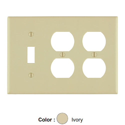 Leviton 86047, 3-Gang 1-Toggle 2-Duplex Device Combination Wallplate, Standard Size, Thermoset, Device Mount, Ivory
