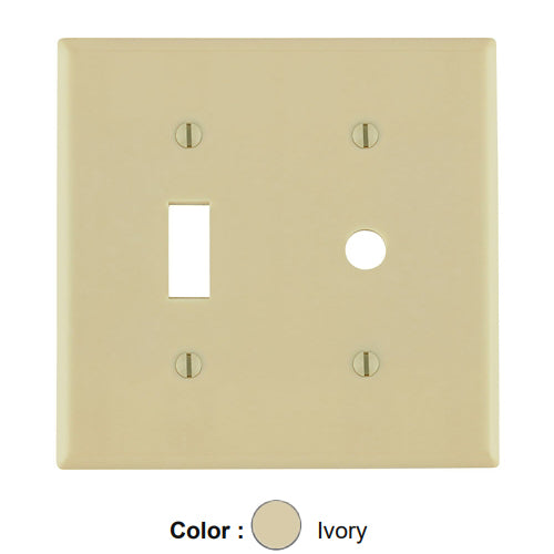 Leviton 86077, 2-Gang 1-Toggle and 1-Telephone/Cable 0.406 Inch Hole Device Combination Wallplate, Standard Size, Thermoset, Strap Mount, Ivory