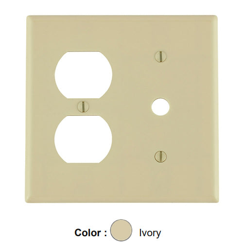 Leviton 86078, 2-Gang 1-Duplex and 1-Telephone/Cable 0.406 Inch Hole Device Combination Wallplate, Standard Size, Thermoset, Strap Mount, Ivory
