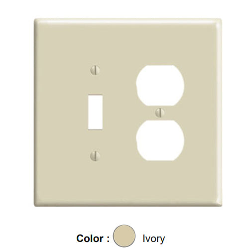 Leviton 86105, 2-Gang 1-Toggle and 1-Duplex Device Combination Wallplate, Oversized, Thermoset, Device Mount, Ivory