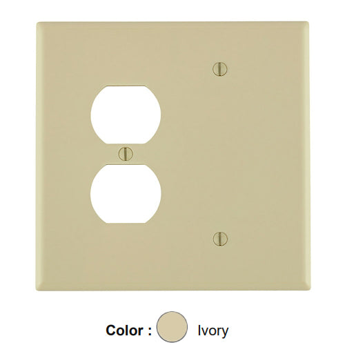 Leviton 86108, 2-Gang 1-Duplex and 1-Blank Device Combination Wallplate, Oversized, Thermoset, Box Mount, Ivory