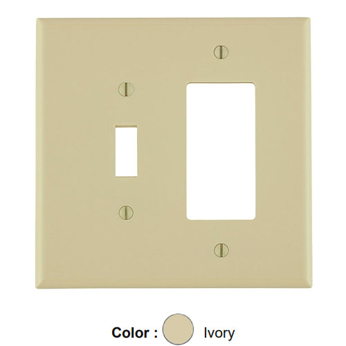 Leviton 86605, 2-Gang 1-Toggle and 1-Decora/GFCI Device Combination Wallplate, Oversized, Thermoset, Device Mount, Ivory