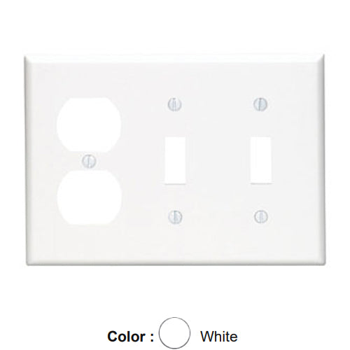 Leviton 88021, 3-Gang 2-Toggle 1-Duplex Device Combination Wallplate, Standard Size, Thermoset, Device Mount, White