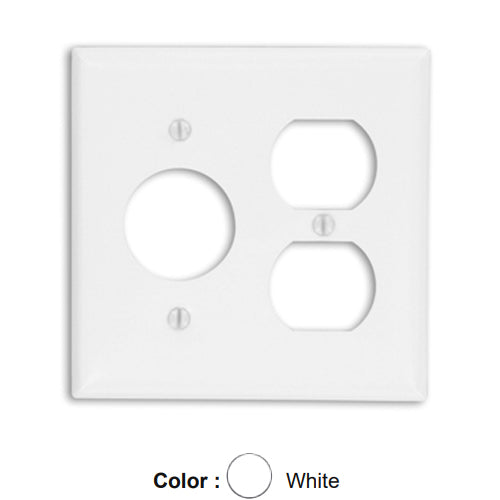 Leviton 88046, 2-Gang 1-Duplex 1-Single 1.406 Inch Diameter Device Combination Wallplate, Standard Size, Painted Metal, Device Mount, White