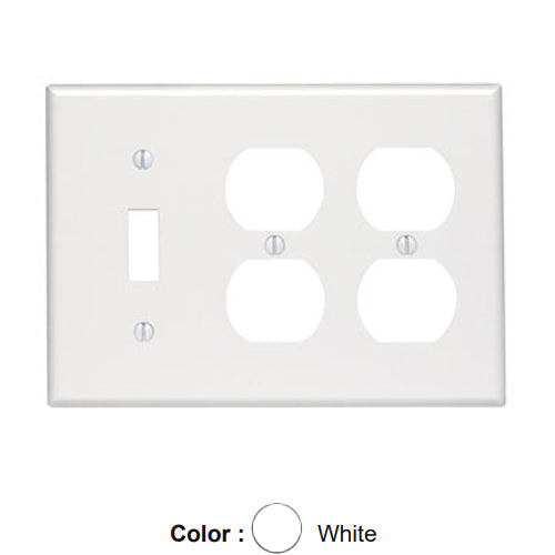 Leviton 88047, 3-Gang 1-Toggle 2-Duplex Device Combination Wallplate, Standard Size, Thermoset, Device Mount, White