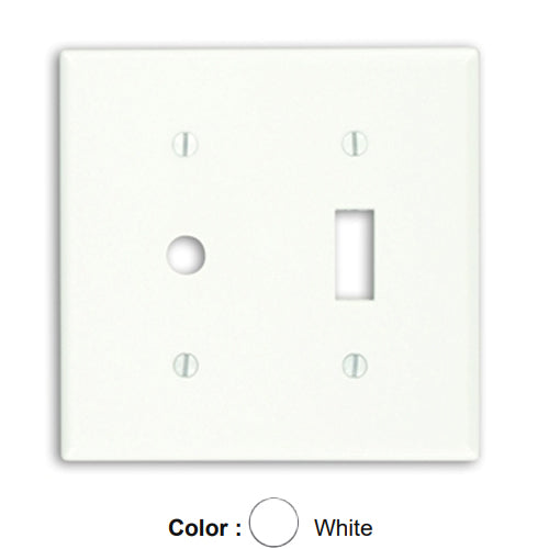 Leviton 88077, 2-Gang 1-Toggle and 1-Telephone/Cable 0.406 Inch Hole Device Combination Wallplate, Standard Size, Thermoset, Strap Mount, White