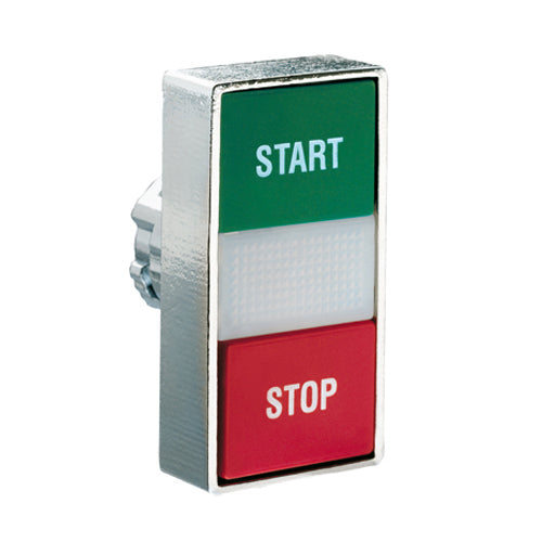 Lovato 8LM2TBL7133, Double-Touch Actuator with "START-STOP" Symbol, White Indicator, Ø22mm 8LM Series Metal, 2 Flush Pushbuttons, Both Spring Return, Green/Red