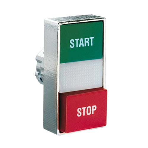 Lovato 8LM2TBL7233, Double-Touch Actuator with "START-STOP" Symbol, White Indicator, Ø22mm 8LM Series Metal, 1 Extended and 1 Flush Pushbuttons, Both Spring Return, Green/Red