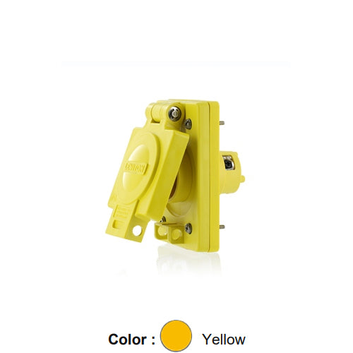 Leviton 59W47, Wetguard Watertight Straight Blade Single Inlet, Industrial Grade, 15A 125V, NEMA 5-15R, 2-Pole, 3-Wire, Grounding, Yellow