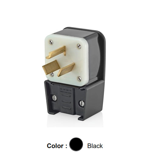Leviton 9332-P, Straight Blade Angled Plug, Industrial Grade, 30A 125/250V, NEMA 10-30P, 3-Pole, 3-Wire, Non-Grounding, Black