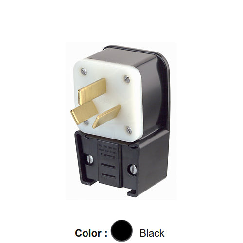 Leviton 9450-P, Straight Blade Angled Plug, Industrial Grade, 50A 125/250V, NEMA 10-50P, 3-Pole, 3-Wire, Non-Grounding, Black
