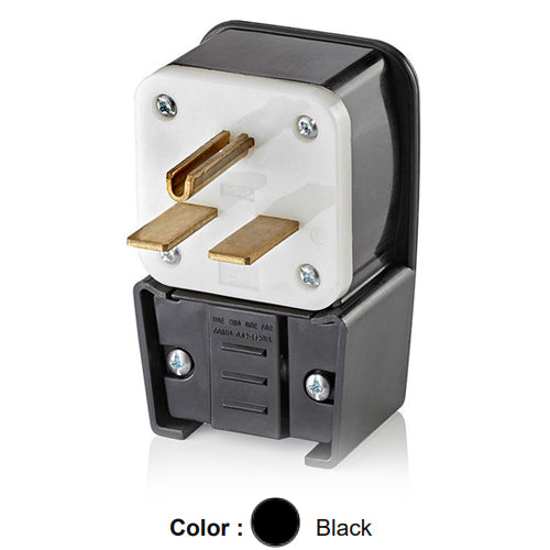 Leviton 9630-P, Straight Blade Angled Plug, Industrial Grade, 30A 250V, NEMA 6-30P, 2-Pole, 3-Wire, Grounding, Black