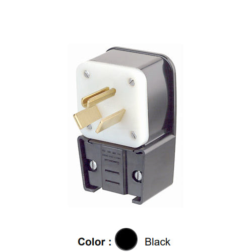 Leviton 9750-P, Straight Blade Angled Plug, Industrial Grade, 50A 277V, NEMA 7-50P, 2-Pole, 3-Wire, Grounding, Black