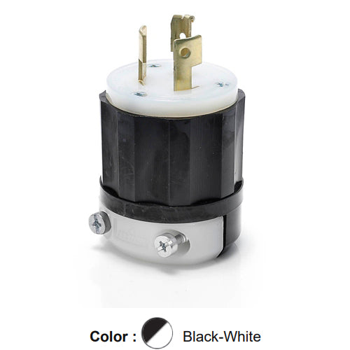 Leviton 9965-C, Locking Plug, Industrial Grade, 20A 125/250V, Non-NEMA, 3-Pole, 3-Wire, Non-Grounding, Black/White