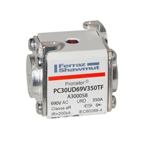 Mersen A300058, Square Body High-Speed Fuse, Fast Acting, Size 30 aR, 690/700VAC, 350A, With Striker Flush ends metric threads