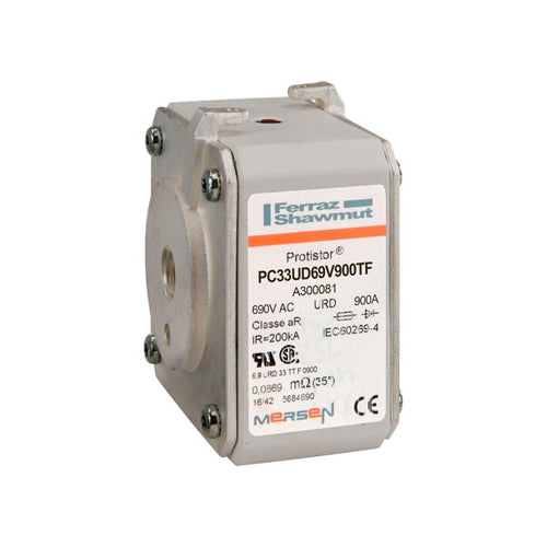 Mersen A300081, Square Body High-Speed Fuse, Fast Acting, Size 33 aR, 690/700VAC, 900A, With Striker Flush ends metric threads