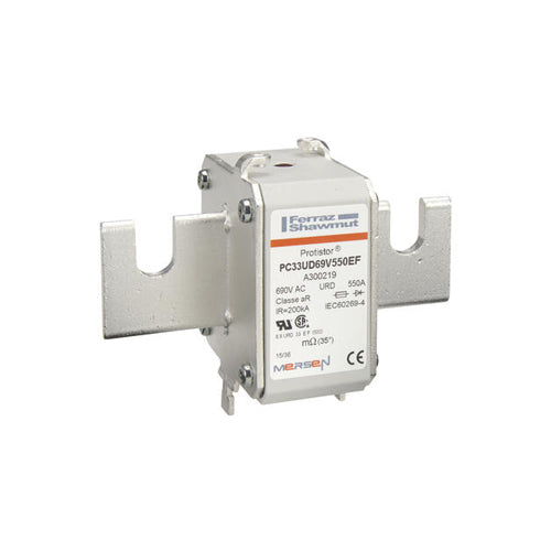 Mersen A300219, Square Body High-Speed Fuse, Fast Acting, Size 33 aR, 690/700VAC, 550A, With Striker Open Slot Blades