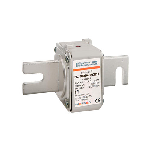 Mersen A300265, Square Body High-Speed Fuse, Fast Acting, Size 33 aR, 690/700VAC, 1100A, With Striker DIN 110 Blades