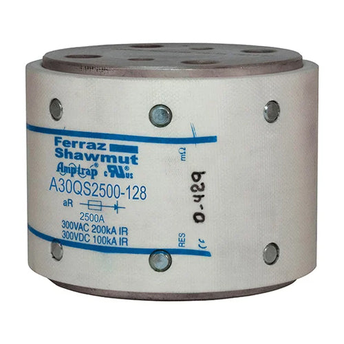 Mersen A30QS2500-128, Semiconductor Protection Fuse, High-Speed, Fast Acting, 300VAC/DC, 2500A, Hockey Puck, Bolt-In