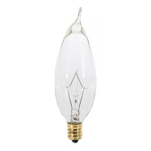 Satco A3674, CA8 Incandescent, 25W, 130V, 2700K Warm White, 210 Lumens, Candelabra E12 Base, Clear Finish, 500 Packs