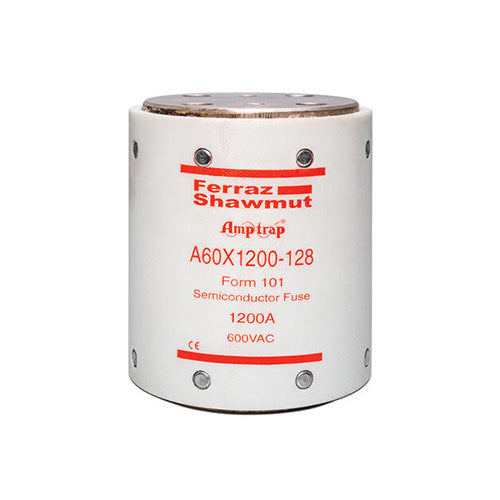 Mersen A60X1200-128, Semiconductor Protection Fuse, High-Speed, Fast Acting, 600VAC, 1200A, Hockey Puck, Bolt-In Type