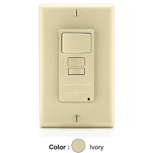 Leviton AFSW1-I, SmartlockPro Outlet Branch Circuit AFCI Combination Switch, LED Indicator Light, Wallplate Included, 15 Amp, 125 Volt, Back & Side Wired, Self-Grounding, Ivory