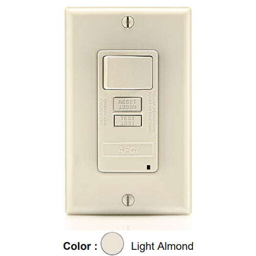 Leviton AFSW1-T, SmartlockPro Outlet Branch Circuit AFCI Combination Switch, LED Indicator Light, Wallplate Included, 15 Amp, 125 Volt, Back & Side Wired, Self-Grounding, Light Almond