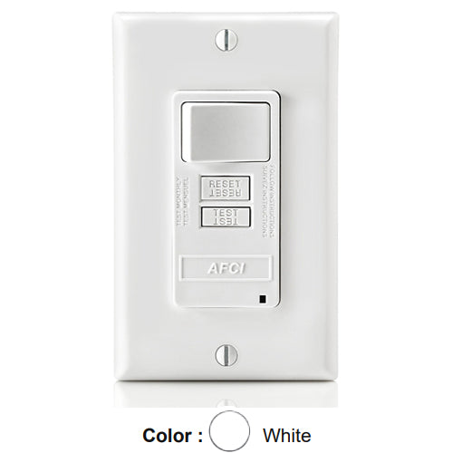 Leviton AFSW1-W, SmartlockPro Outlet Branch Circuit AFCI Combination Switch, LED Indicator Light, Wallplate Included, 15 Amp, 125 Volt, Back & Side Wired, Self-Grounding, White