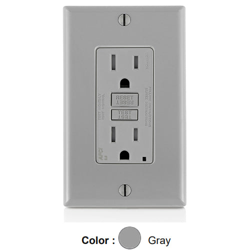 Leviton AFTR1-GY, SmartlockPro Branch Circuit AFCI Duplex Receptacle, Tamper-Resistant, LED Indicator Light, Wallplate Included, 15A 125V, NEMA 5-15R, Back & Side Wired, Self-Grounding, Gray