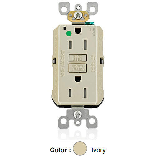 Leviton AFTR1-HGI, SmartlockPro Branch Circuit AFCI Duplex Receptacle, Tamper-Resistant, LED Indicator Light, Heavy-Duty Hospital Grade, Wallplate Included, 15A 125V, NEMA 5-15R, Back & Side Wired, Self-Grounding, Ivory