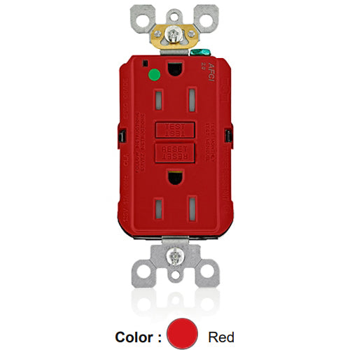 Leviton AFTR1-HGR, SmartlockPro Branch Circuit AFCI Duplex Receptacle, Tamper-Resistant, LED Indicator Light, Heavy-Duty Hospital Grade, Wallplate Included, 15A 125V, NEMA 5-15R, Back & Side Wired, Self-Grounding, Red
