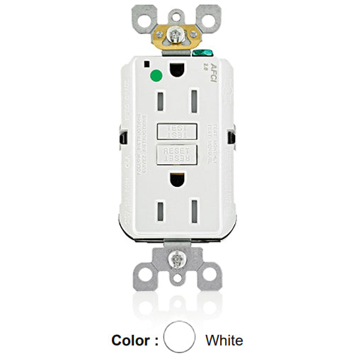 Leviton AFTR1-HGW, SmartlockPro Branch Circuit AFCI Duplex Receptacle, Tamper-Resistant, LED Indicator Light, Heavy-Duty Hospital Grade, Wallplate Included, 15A 125V, NEMA 5-15R, Back & Side Wired, Self-Grounding, White