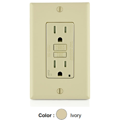 Leviton AFTR1-I, SmartlockPro Branch Circuit AFCI Duplex Receptacle, Tamper-Resistant, LED Indicator Light, Wallplate Included, 15A 125V, NEMA 5-15R, Back & Side Wired, Self-Grounding, Ivory
