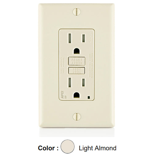 Leviton AFTR1-T, SmartlockPro Branch Circuit AFCI Duplex Receptacle, Tamper-Resistant, LED Indicator Light, Wallplate Included, 15A 125V, NEMA 5-15R, Back & Side Wired, Self-Grounding, Light Almond